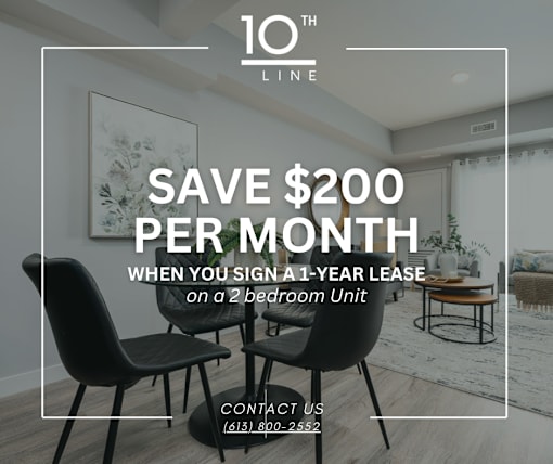 A promotional image for a 10th Line lease offering savings on a 2 bedroom unit.
