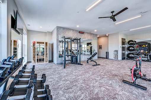 A well-equipped gym with treadmills, weights, and exercise bikes.