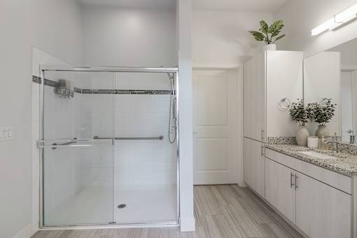 A bathroom with a walk-in shower and a sink.