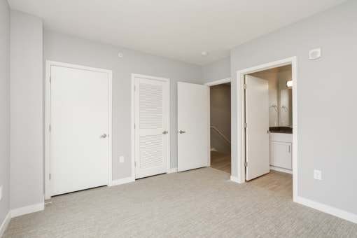 a bedroom with two closets and a door to a bathroom