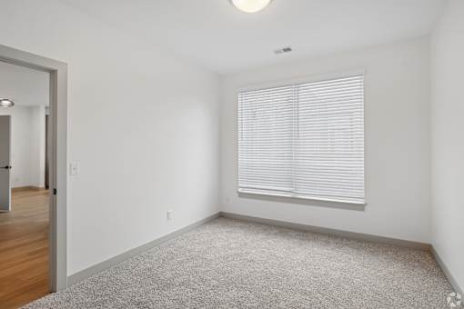 A room with a carpeted floor, a window with blinds, and a door leading to another room.