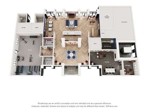 A 3D floor plan of a house with labeled rooms.