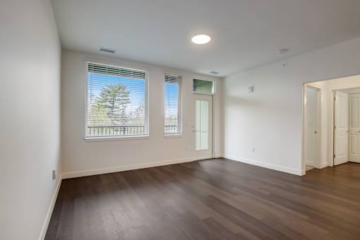 A room with wooden floors and two windows.