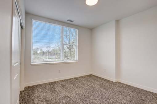 A room with a carpeted floor and a window with blinds.