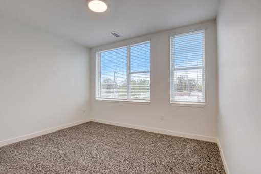 A room with carpeted floor and two windows.