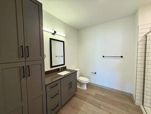 A bathroom with a toilet, sink, and wooden floors.
