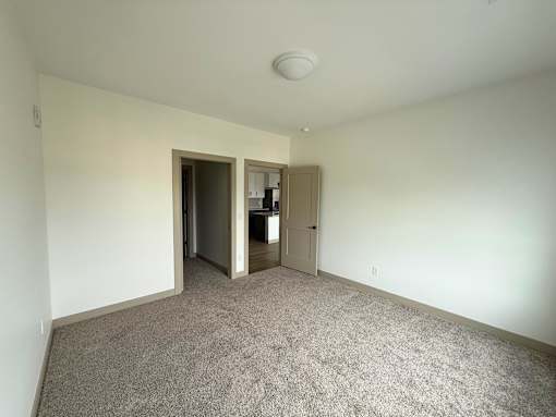 A room with a carpeted floor and a ceiling light.