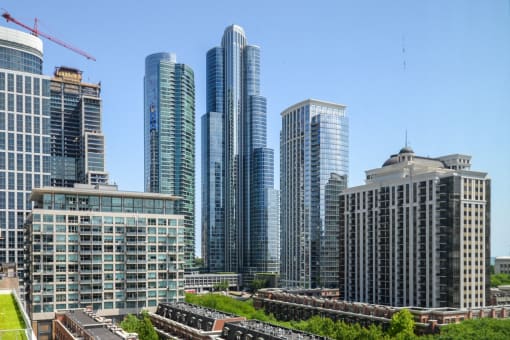 the skyline of the city with tall skyscrapers