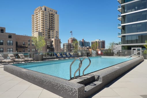 a swimming pool on top of a building