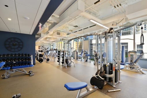 a gym with weights and cardio equipment in a building