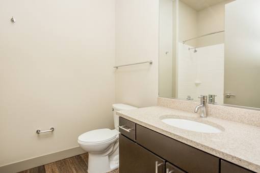 a bathroom with a sink and toilet and a mirror