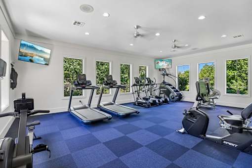 A spacious home gym with a variety of exercise equipment and a checkered blue floor.