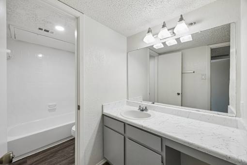 A bathroom with a white sink and a large mirror.