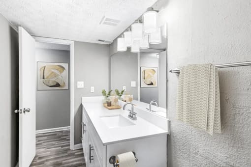 A bathroom with a white sink and a mirror.