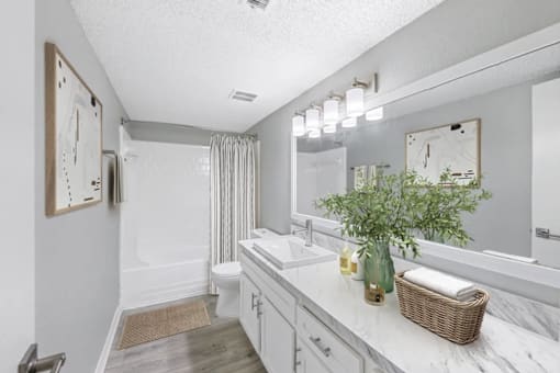 A bathroom with a white counter top and a mirror above it.