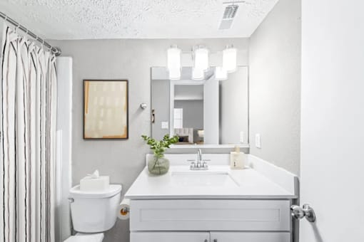 A white bathroom with a toilet, sink, and mirror.