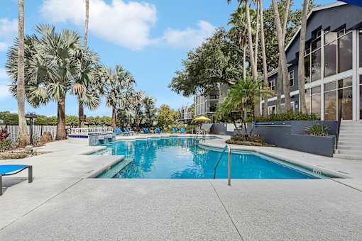A swimming pool surrounded by palm trees and a building in the background.