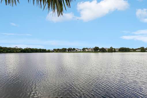 A serene lake with a clear sky and a few clouds.