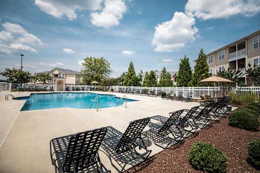 A pool surrounded by chairs and trees.