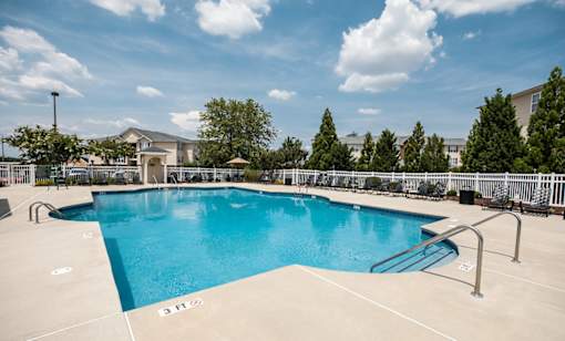 A large outdoor swimming pool with a metal ladder on the side.