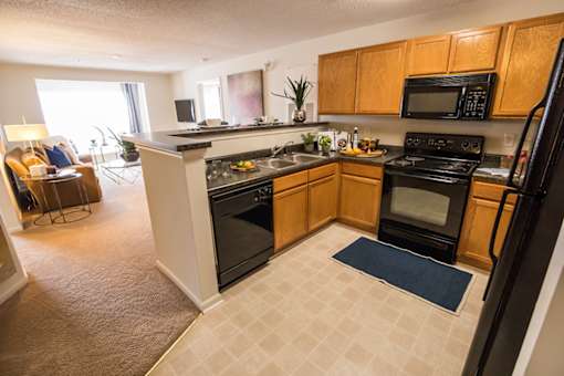 A kitchen with black appliances and wooden cabinets.