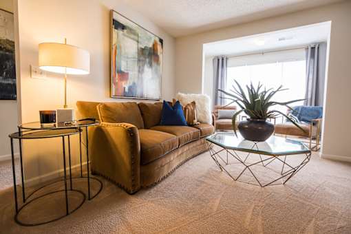 A living room with a brown couch, a glass table, and a plant.
