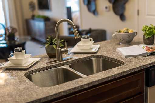 A kitchen sink with a silver faucet and a plant on the counter.