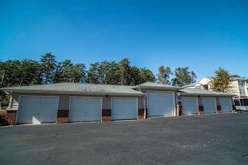 A row of garage doors are closed.