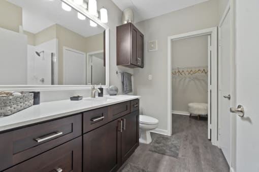 Renovated bathroom with wood style flooring and walk-in closet