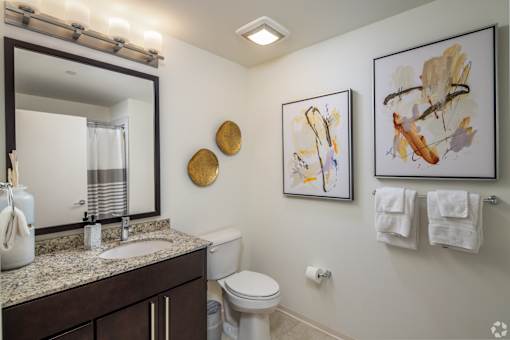 A bathroom with a toilet, sink, and two wall hangings.