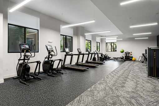 A gym with treadmills, elliptical machines, and other exercise equipment.