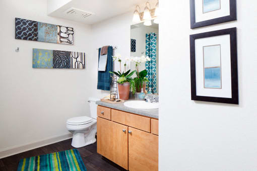 Ardenne Apartments Bathroom with light brown vanity, grey countertop, white sink and green and blue striped rug