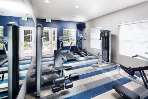 Ardenne Apartments fitness center with weight machines, treadmill, elyptical, blue and white carpet and blue accent wall