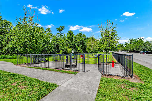 A black metal fence surrounds a green area.