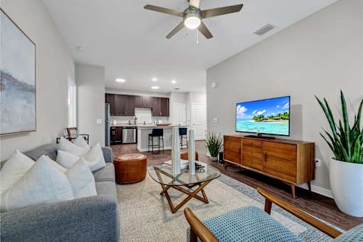 A living room with a grey couch, a wooden coffee table, a flat screen TV on a wooden cabinet, and a potted plant.