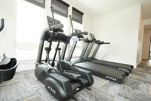 A room with two TRUE treadmills and a stationary bike.