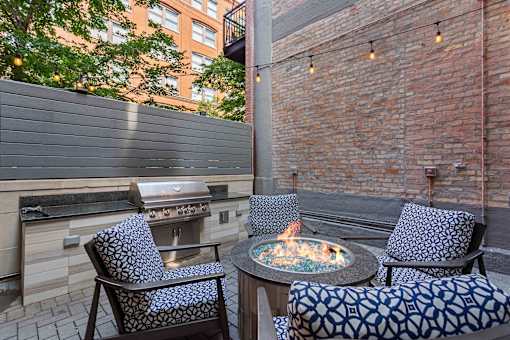 A patio with a fire pit and chairs.