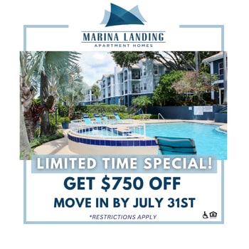 A promotional image for Marina Landing Apartment Homes offering a $750 discount for moving in by July 31st.