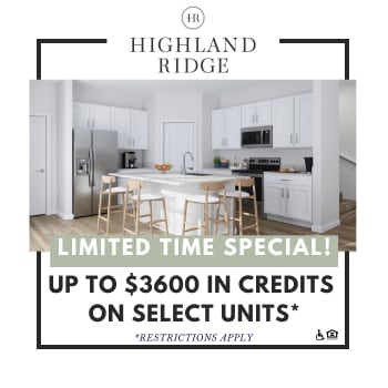 A promotional image for Highland Ridge offers up to $3600 in credits on select units.