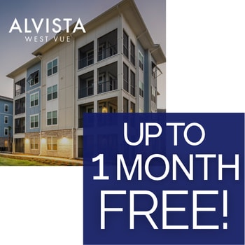 A building with a sign that says "Up to 1 month free!" in front of it.