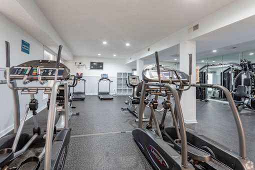 A gym with treadmills and elliptical machines.