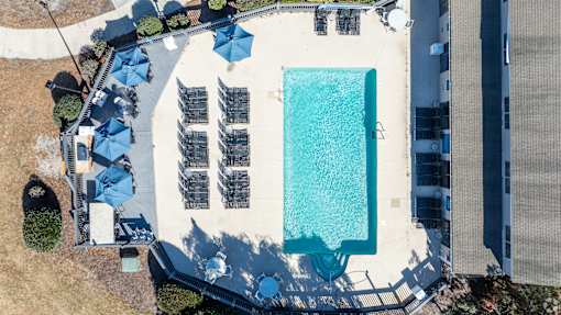 An aerial view of a swimming pool surrounded by lounge chairs and umbrellas.
