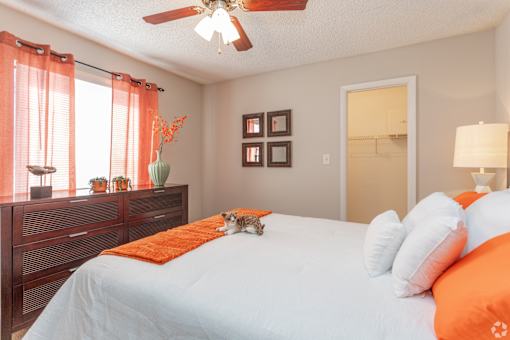 A bedroom with a bed, nightstand, and a ceiling fan.