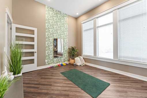 A room with a green rug on the floor and a white door on the left.