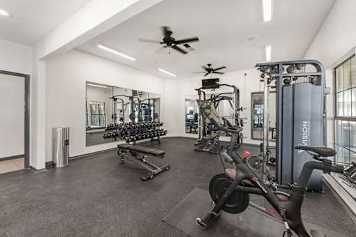 A gym with a variety of equipment including a stationary bike, a treadmill, and a rowing machine.