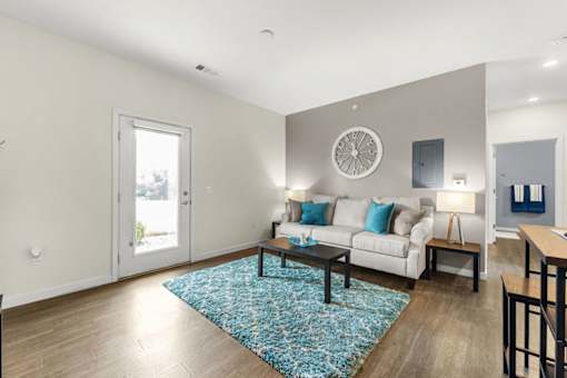 A living room with a white couch and a blue rug.