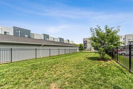 A grassy area in front of a building with a black fence.
