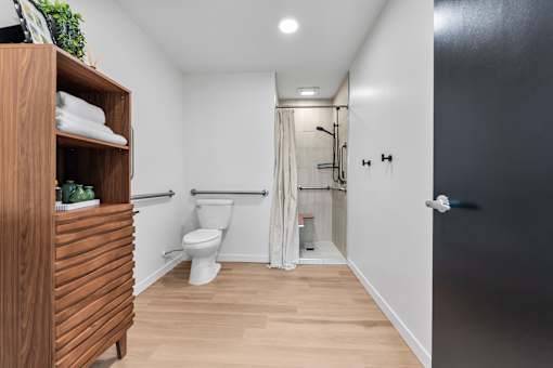 A bathroom with a toilet, a wooden cabinet, and a shower.