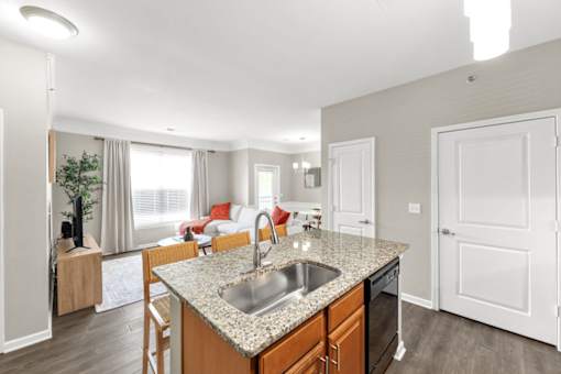A kitchen with a granite countertop and a sink.