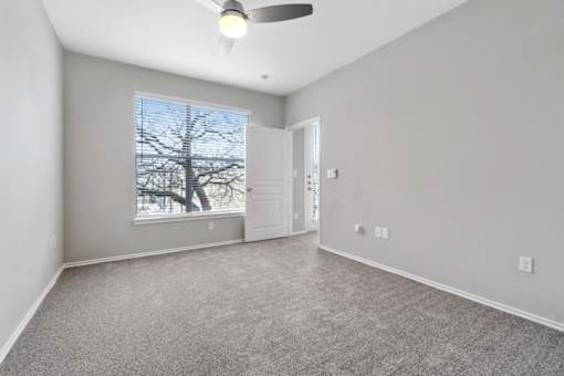 A room with a ceiling fan and a window showing a tree outside.